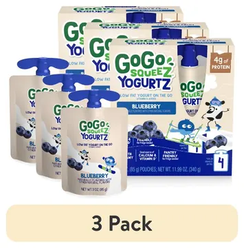 (3 pack) GoGo squeeZ Low Fat Yogurtz Blueberry Yogurt Snack Pouches, 3 oz (4 Pack)