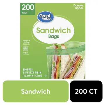Great Value Sandwich Bags, Double Zipper with Snap'n Click, 200 Count