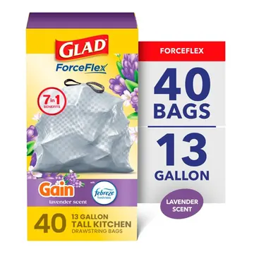 Glad ForceFlex 13-Gallon Drawstring Tall Kitchen Trash Bags, Gain Lavender Scent, 40 Bags