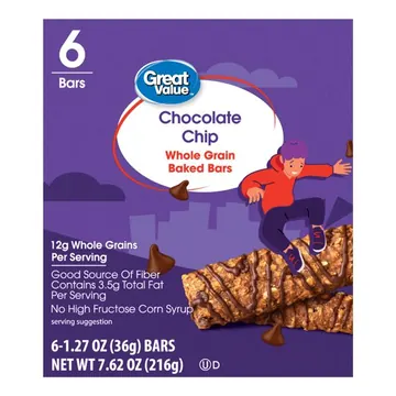 Great Value Chocolate Chip Whole Grain Baked Bars, 1.27 oz, 6 Count