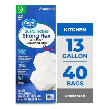 Great Value Sustainable Strong Flex Tall Kitchen Trash Bags, 13 gal, 40 Count