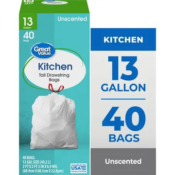 Great Value Tall Kitchen Trash Bags, 13 gal, Drawstring, Unscented, 40 Bags