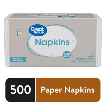 Great Value White Disposable Paper Napkins, 12 in x 12 in, 500 Count