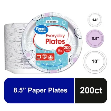 Great Value Disposable Paper Plates, 8.5 in, 200 Count
