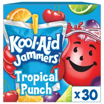 Kool-Aid Jammers Artificially Flavored Drink, 30 Pouches, for School Lunches and On-the-Go Hydration, Tropical Punch Artificially Flavored, Excellent Source of Vitamin C, 6 fl oz