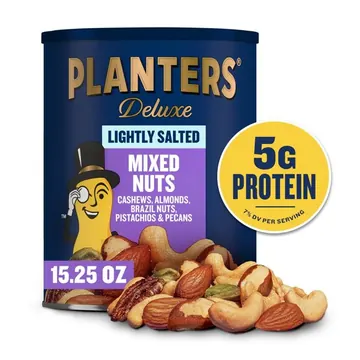 Planters Lightly Salted Deluxe Mixed Nuts with Cashews, Almonds, Brazil Nuts, Pistachios, Pecans. 5g Protein (6% DV) per serving, 15.25 oz Can