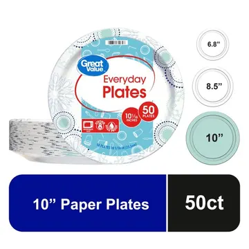 Great Value 10 Inch Disposable Paper Plates, 50 Count, Multicolor Design