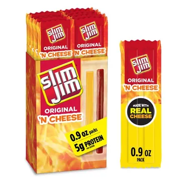 Slim Jim Smoked Jerky Meat Snack Sticks & Cheese, Original Flavor, 5g Protein Per Serving, 0.9 oz. (10-Count)