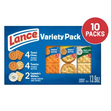 Lance Sandwich Crackers, Variety Pack, 3 Flavors, 10 Individually Wrapped Packs, 6 Sandwiches Each