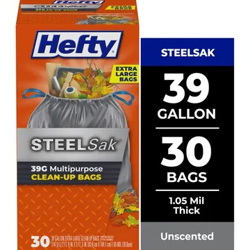 Hefty Steelsak Heavy Duty Large Trash Bags, Gray, Unscented, 39 Gallon, 30 Count