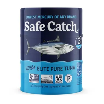 Safe Catch Wild Elite Pure Tuna, 3 Pack, 5 oz Cans – Lowest Mercury Canned Tuna with 40g Protein per Can
