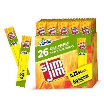 Slim Jim Smoked Jerky Meat Snack Sticks, Vlasic Dill Pickle Flavor, 6g Protein Per Serving, Halloween Snacks, 0.28 oz. (26-Count)