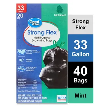 Great Value Strong Flex 33 gal Drawstring Trash Bags, Mint Scent, 20 Count