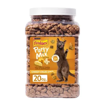 Purina Friskies Party Mix Cheezy Craze Crunch, Cat Treats, Cheddar, Swiss, Monterey Jack, 20 oz Canister