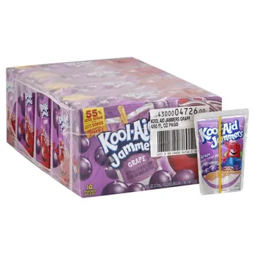 (4 pack) Kool-Aid Jammers Artificially Flavored Drink, 10 Pouches, for School Lunches and On-the-Go Hydration, Grape Flavor, Excellent Source of Vitamin C, 6 fl oz