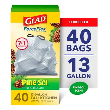 Glad ForceFlex 13-Gallon Drawstring Tall Kitchen Trash Bags, Pine-Sol Original Scent, 40 Bags