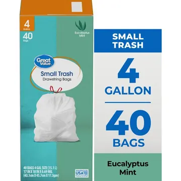 Great Value 4-Gallon Small Drawstring Trash Bags, Eucalyptus Mint Scent, 40 Bags