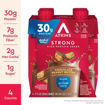 Atkins Strong High Protein Shake, Chocolate Peanut Butter Flavor, 30g Protein, Low Carb and Low Sugar, Keto Friendly, Gluten-Free, Muscle and Gut Health Support, 4 Count