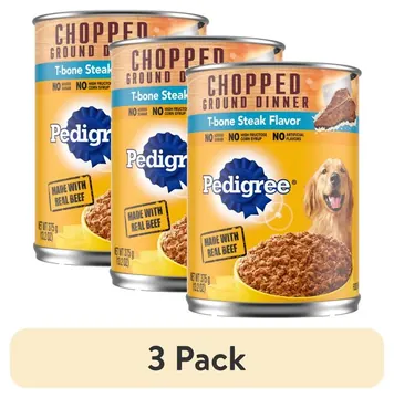 (3 pack) Pedigree Chopped Ground Dinner T-Bone Steak Flavor Adult Wet Dog Food, (12) 13.2 Oz Cans
