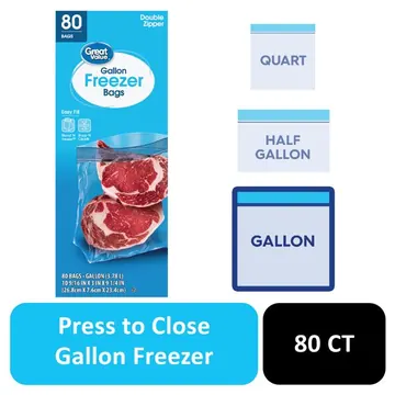 Great Value Freezer Guard Double Zipper Gallon Freezer Bag, 80 Count
