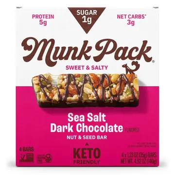 MUNK PACK 1g Sugar Nut & Seed Bars, Sea Salt Dark Chocolate - Low Carb Keto Bars, Low Sugar Snacks, Gluten Free - Box, 4 Count, 1.23oz