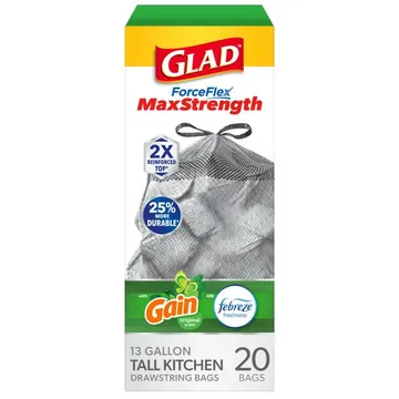 Glad ForceFlex MaxStrength 13-Gallon Drawstring Tall Trash Bags, Gain Original Scent, 20 Bags